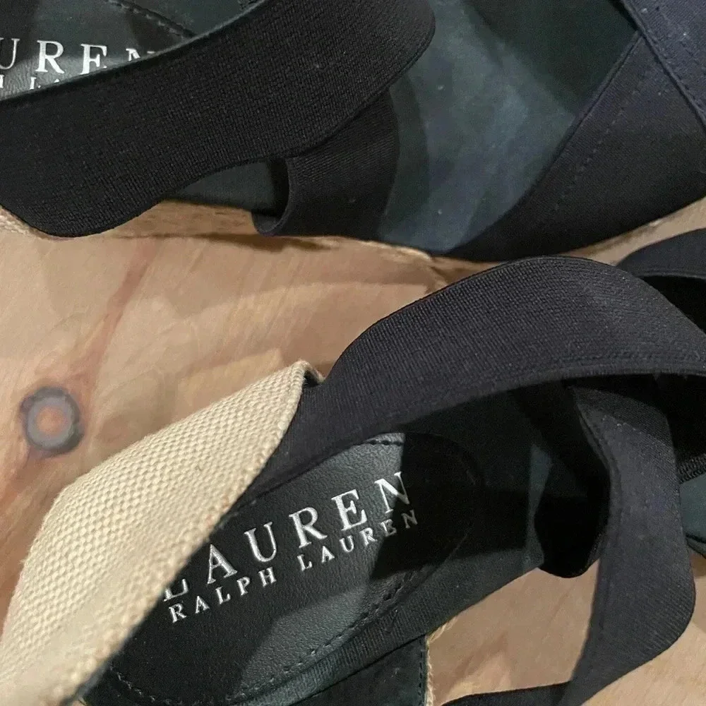 Lauren Ralph Lauren Vintage Woven Navy/Cream Espadrille 3” wedge size 9